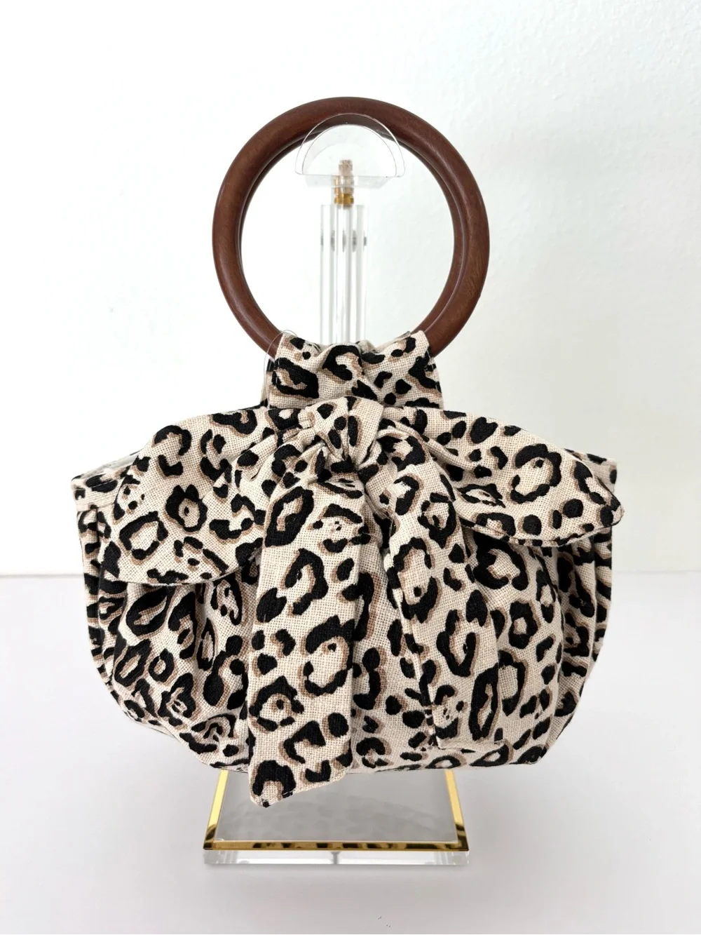 Anthropologie Pippa Bow-Tied Bag NWT Leopard Print Round Wooden Handles